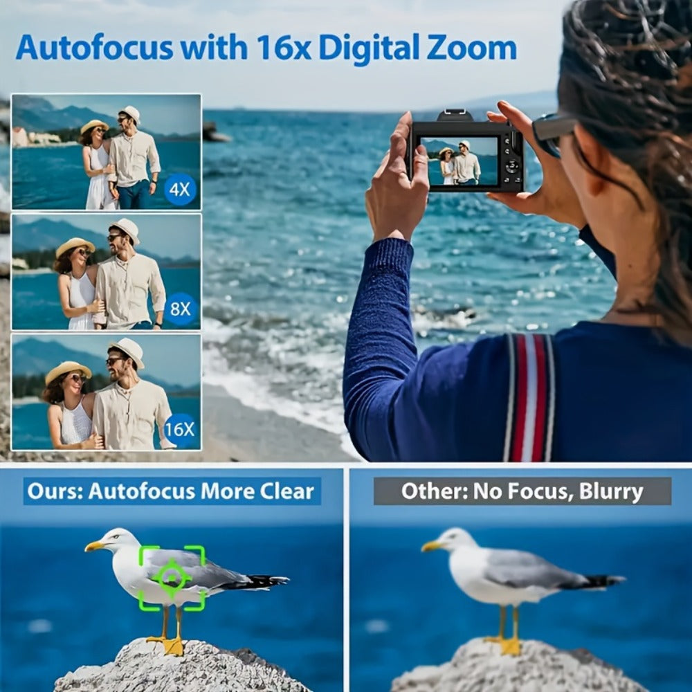 1080P Mini Vlog Camera for Beginners – 2.4" LCD, 16X Zoom, 9.88mm Wide Angle Lens, Easy-to-Use Compact Digital Camera, Travel Essential, Ideal Gift for Men Women Teens, Photography Camera