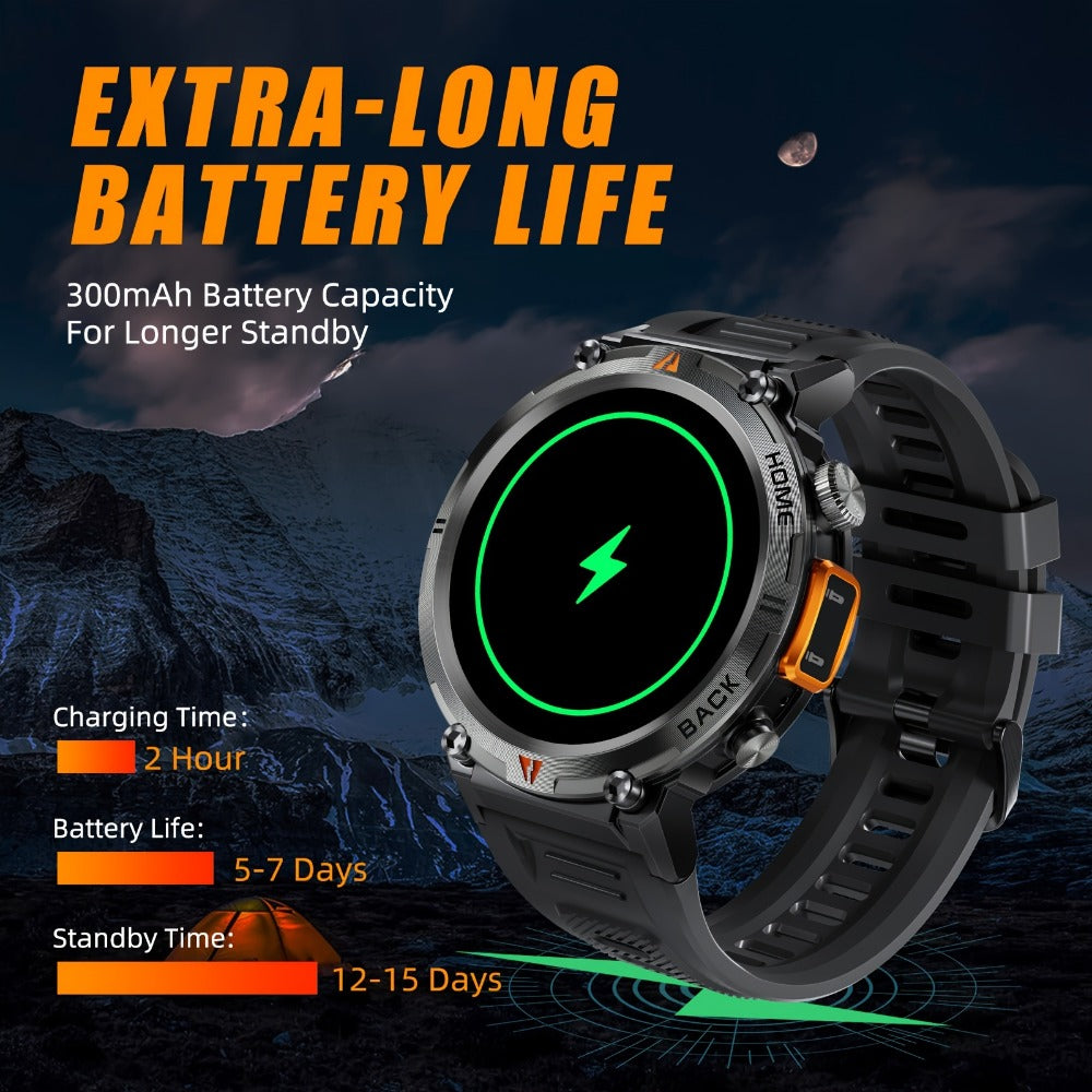 Tactical Smartwatch for Men LED Lighting 1.45 Inch 97% Screen Ratio Bluetooth 5.2 Wireless Calling Outdoor Fitness Tracker Heart Rate Blood Oxygen Sleep Pedometer iPhone Android Silicone Leather Strap Black Orange