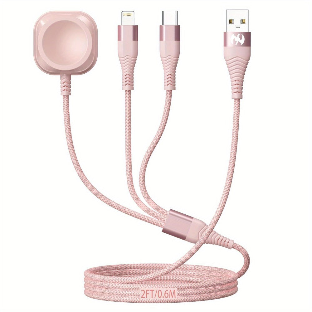 3 in 1 Travel Charging Cable 24 Inch Nylon Braided, Lightning + Type-C + iWatch Magnetic Wireless Charger, Compact Portable Multi Charging Cord for iPhone iPad Android Apple Watch – Pink Short Cable