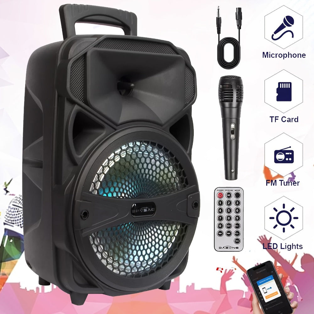 8-Inch Subwoofer Party Speaker 1000W Portable Rechargeable Wireless Bluetooth | Heavy Bass, FM Radio, LED Lights, Remote Control, Built-in Mic, AUX/USB/TF – Outdoor & Indoor Karaoke Boombox