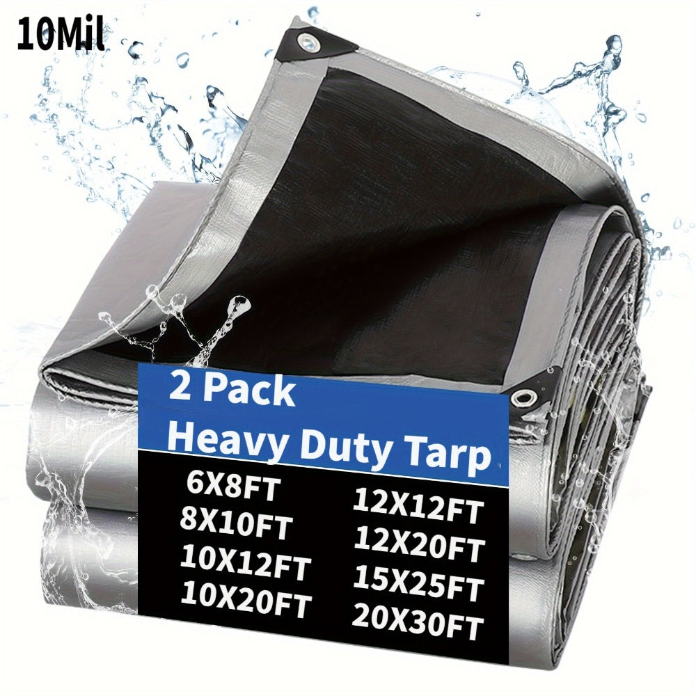 Heavy Duty Waterproof Tarp 2-Pack 10Mil 150GSM Black Silver – Tear-Proof Polyethylene Cover with Reinforced Grommets for Roof Pool Boat Car Camping & Outdoor