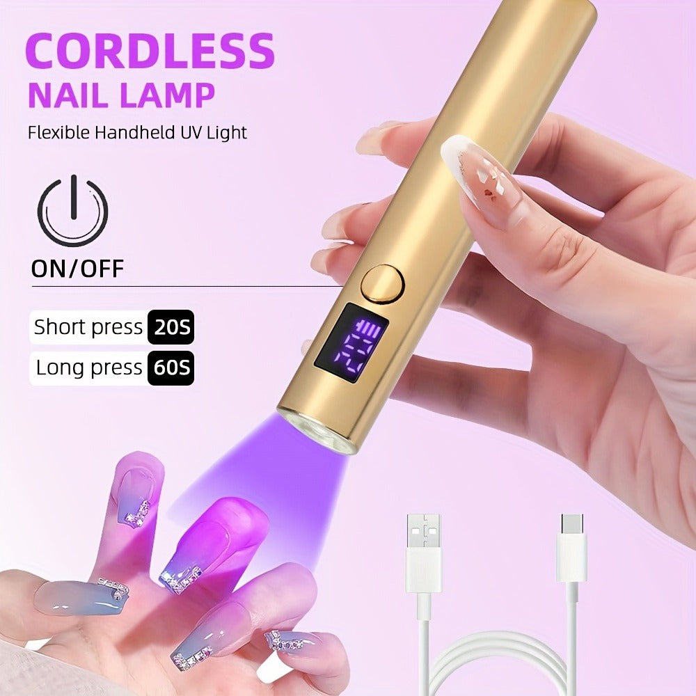 UV LED Nail Lamp Pen-Shape Cordless Rechargeable 365+405nm Gel Polish Curer – Portable Mini Nail Dryer with 2 Timer Modes 20s & 60s for Home Manicure & Nail Art, Gold White Pink