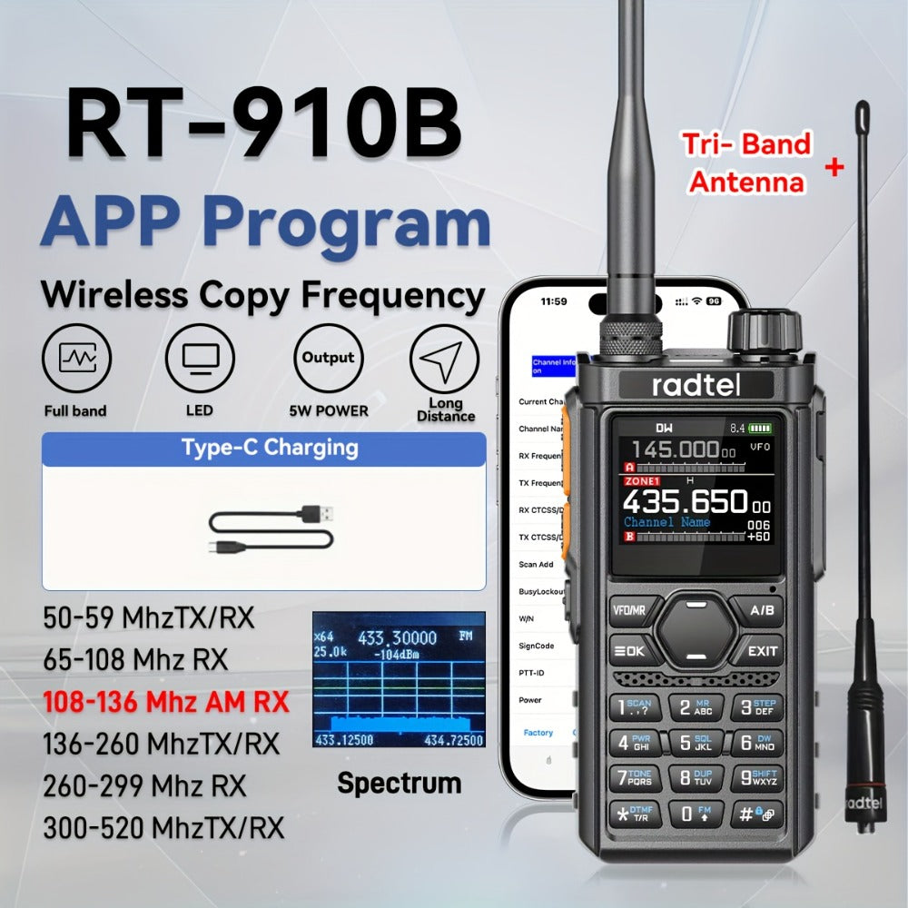 Tri-Band Ham Radio Handheld Walkie Talkie Radtel RT-910B, 6M VHF UHF Air Band Two-Way Radio, APP Programming, NOAA Weather Alert, 960 Memory Channels, USB-C Charging, Long Range Transceiver for Outdoor Camping Hiking Survival Aviation Enthusiasts