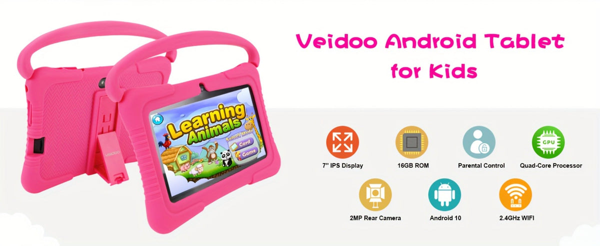 Kids Tablet 7 Inch Veidoo Android WiFi Eye Protection Screen Dual Camera Parental Control Educational Games Drop-Proof Silicone Cover 1+16GB 2+32GB Blue Pink Children Tablet Pad
