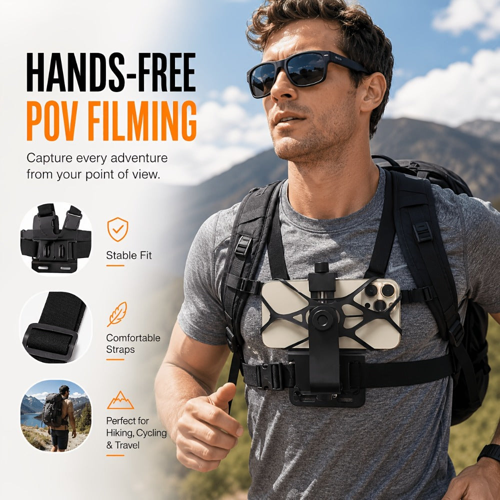 Chest Mount Harness for GoPro Hero 13 12 11 10 9 8 – Adjustable POV Chest Strap for Insta360 X4 X3 DJI Osmo Action 4 3 iPhone Samsung Phone – Hands-Free Camera Holder for Bike Kayak Fishing Hiking Vlog