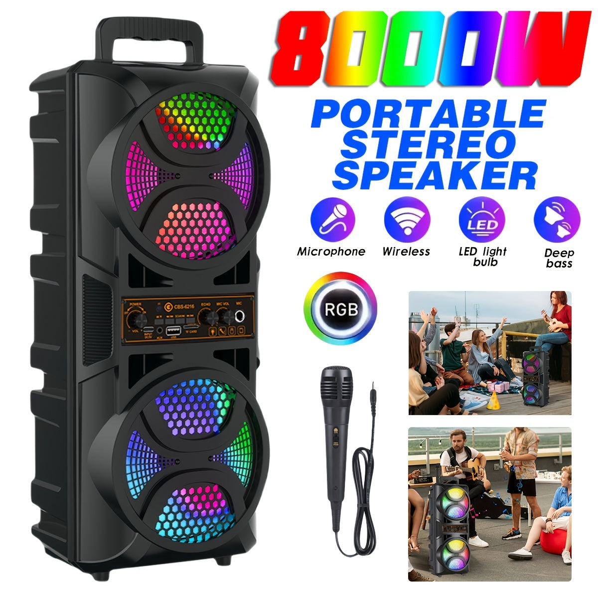 8000W Portable Karaoke Speaker with Subwoofer & Microphone, High-Power Wireless Bluetooth Audio System, TF/USB/AUX/TWS Support, Clear Loud Sound for Camping, Outdoor Parties, Indoor Dancing & Family Gatherings