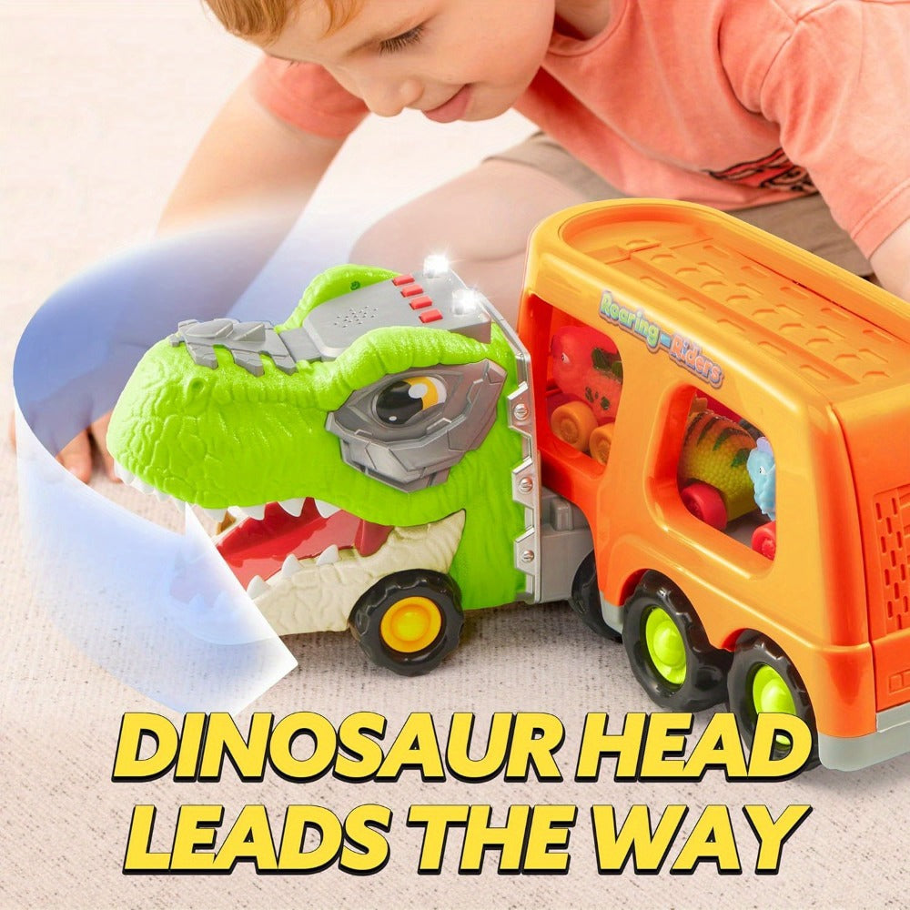 T-Rex Carrier Truck Toy – Dinosaur Transport Truck with 6 Mini Dino Cars, Ramp, Lights & Sound