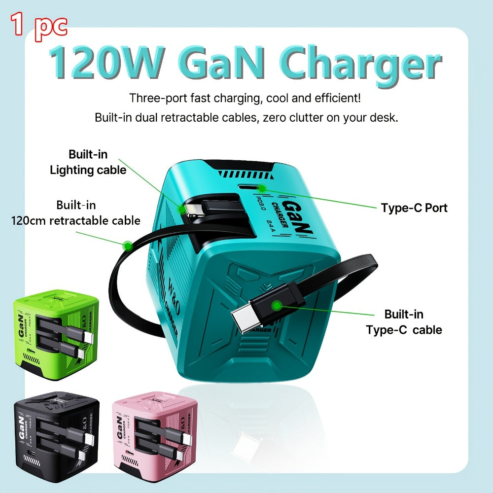 GaN Charger 120W with Lightning & Type-C Retractable Cables 47in, Foldable Plug USB-C Wall Adapter – With or Without Cable Option for iPhone 17 16 15 Pro Max, Samsung Galaxy S25 S24, Android Devices