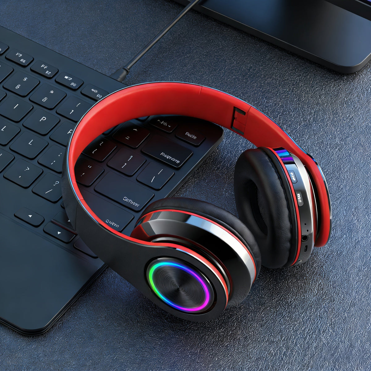 LED Light Over-Ear Wireless Headphones Deep Bass Subwoofer, Active Noise Cancelling Foldable Headset Bluetooth 5.3, Wired & Wireless Dual Mode AUX, USB Rechargeable for Gaming Music Sports