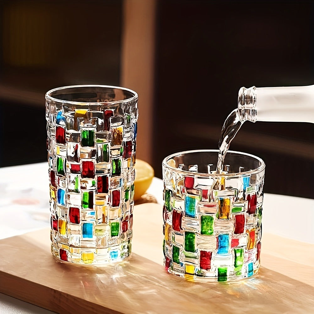 Hand-Painted Drinking Glasses Set – Colorful Square Lattice Woven Handcrafted Glass for Water, Juice, Whiskey & Beer – Artistic Decorative Glassware for Home Bar & Entertaining – 2pc or 4pc