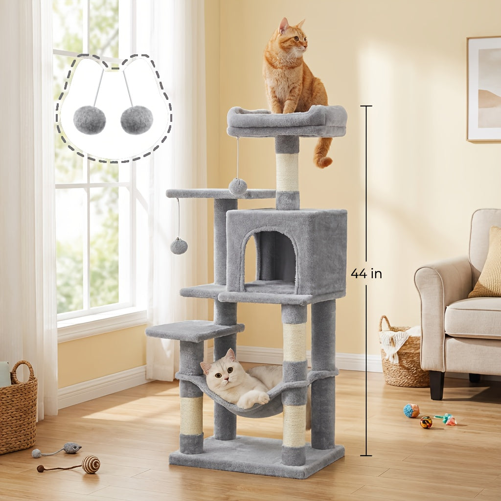 Cat Tree Tower Multi-Level Condo – 44in & 66in with Cozy Cave, Plush Hammock, 4 Sisal Scratching Posts & 2 Perches | Anti-Tilt Stable Cat Playhouse for Multi-Cat Families, Easy Assembly