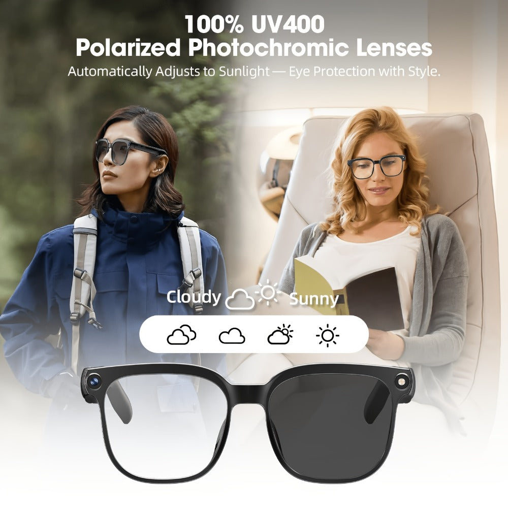 AI Translation Glasses with Camera 8MP HD Video & Photochromic Lenses – Voice Assistant | Object Recognition | Hands-Free Music & Calls | Wireless Smart Eyewear for Travel Business Daily Use | Tech Gift