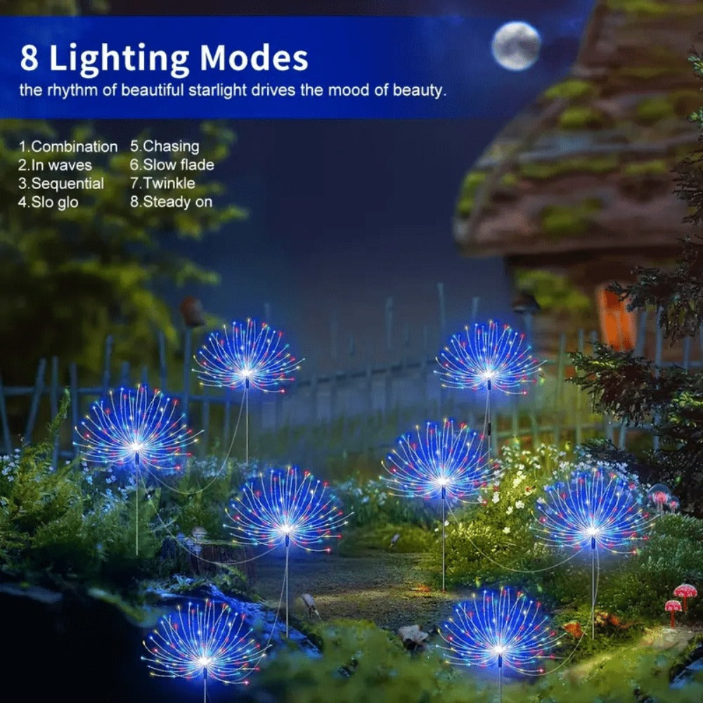 Solar LED Firework Garden Lights Outdoor 8 Modes – 320/680 LED Starburst Stake Light Warm White Colorful for Patio Walkway Camping Wedding Halloween Party Decoration – Single/4/6 Pack