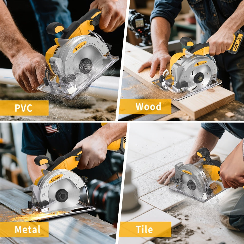 Brushless Circular Saw 5-Inch Kit 6900RPM with Battery & Charger – 45° Bevel Cut, Up to 6 Saw Blades, 2.0AH / 4.0AH Battery Options, Cordless Woodworking Saw for Wood Cutting, Garden & DIY Projects