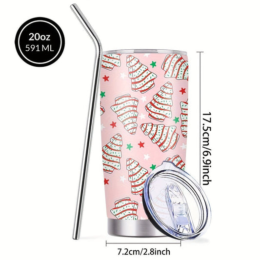 Insulated Tumbler, 20 oz Pink Christmas Tree Cookie Design with Lid and Straw