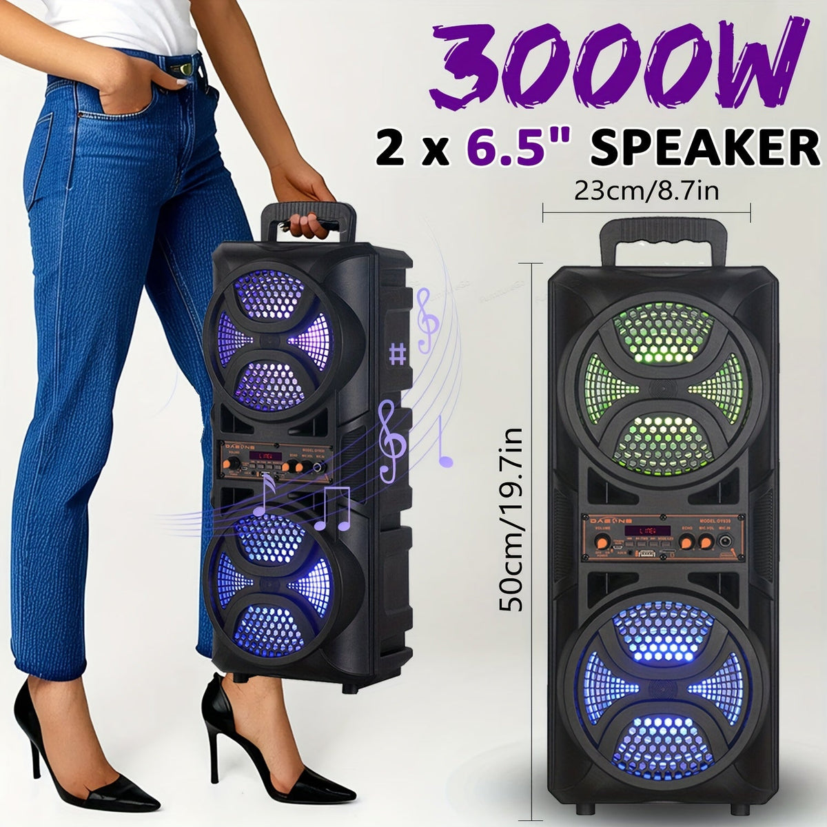 PA Speaker Karaoke Machine 3000W with Dual 6.5" Woofers – Bluetooth Wireless, FM Radio, Party Lights, Wired Microphone Included, Portable Boombox for Parties, Events & Outdoor Use