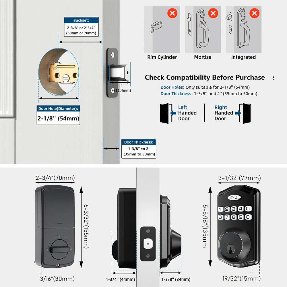 Tuya Smart Front Door Lock with Fingerprint & Keypad, Bluetooth App Control, Auto Lock, Vacation Mode & Hidden Key Backup – Digital Keyless Entry Electronic Lock for Home Apartment Office
