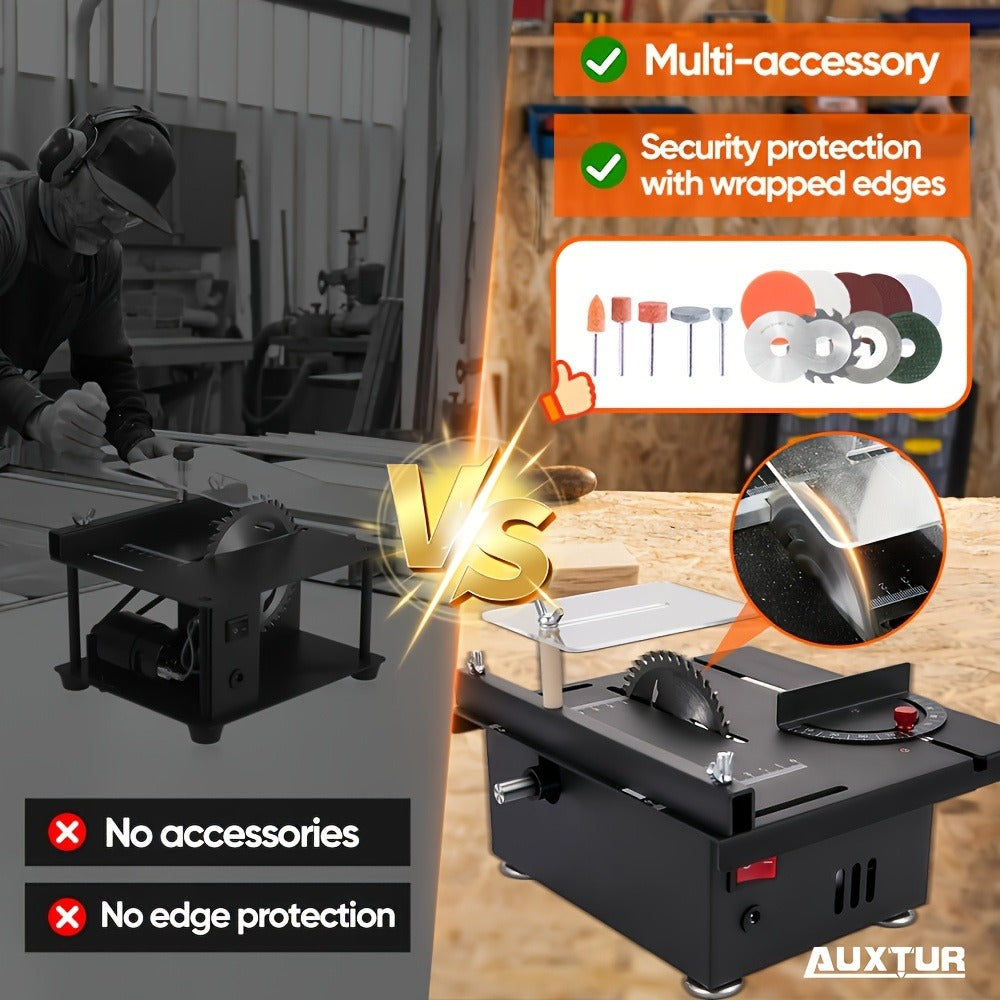 Mini Table Saw Multifunctional Desktop Cutting Machine – 100W Motor, 7-Speed Adjustable, 0–90° Angle Cut, 4 Saw Blades Included, Portable DIY Table Saw for Wood, Metal, Plastic, PCB, Acrylic – with Extra Accessories Option
