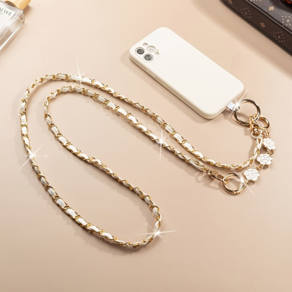 Crossbody Phone Strap Long Chain Pearl Camellia Metal Charm Elegant Lanyard for Women Girls – Clip-On Universal Fit iPhone Samsung Black White 2-5pcs Gift Set