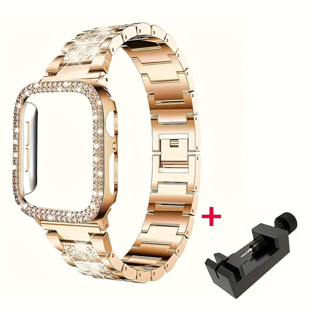 Diamond Apple Watch Case & Strap Set – Starry Sky Full Diamond Bezel + Double Row Diamond Band Compatible with Apple Watch Series 1–10 SE Ultra Ultra 2 38 40 41 42 44 45 49mm – Pink Rose Gold Black Blue Silver
