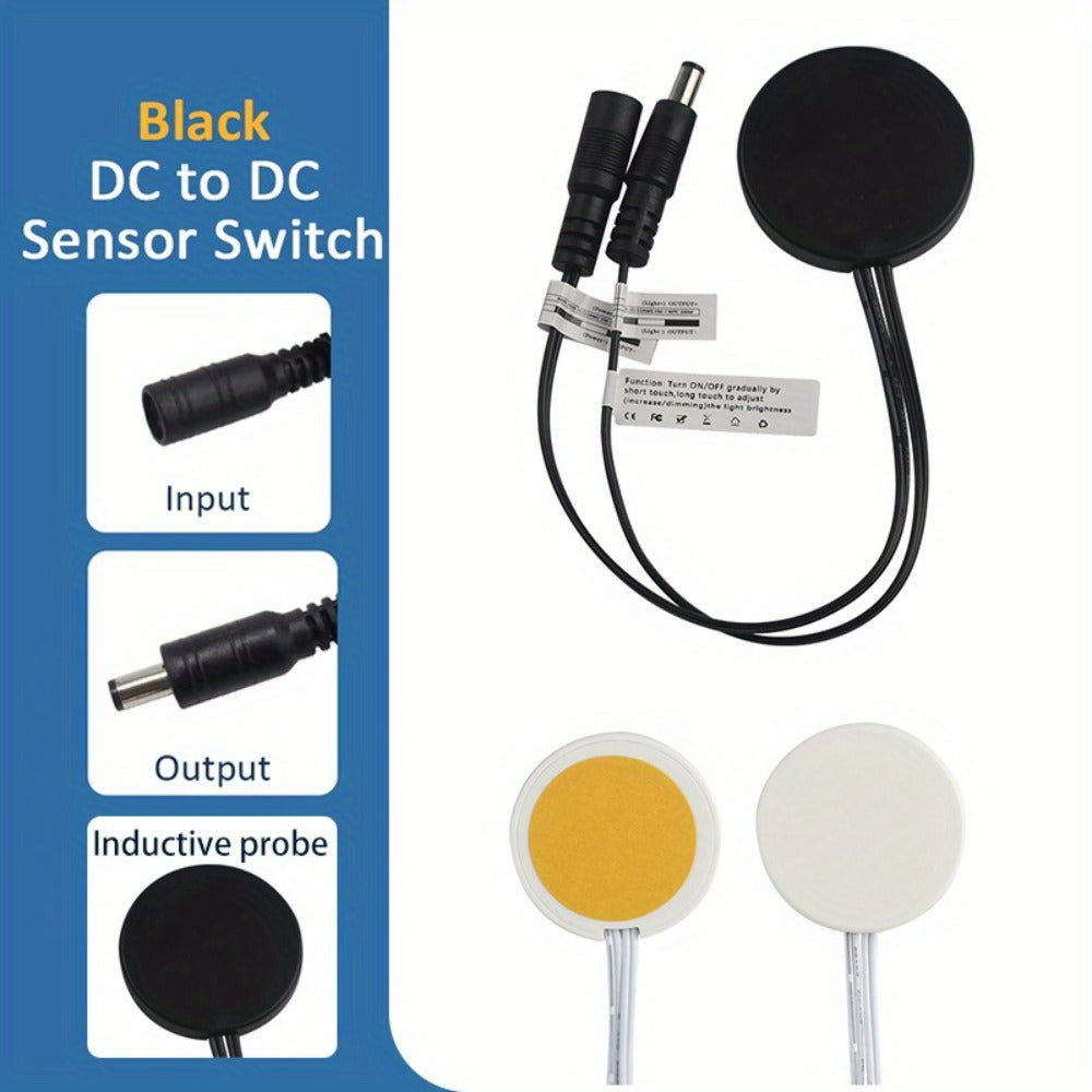 Hidden Touch Sensor LED Dimmer Switch DC 5-24V – Capacitive Touch Dimming Switch for LED Light Strip, 5A 48mm No-Drill Adhesive Mount, Works Through Wood Glass Plastic, Black & White