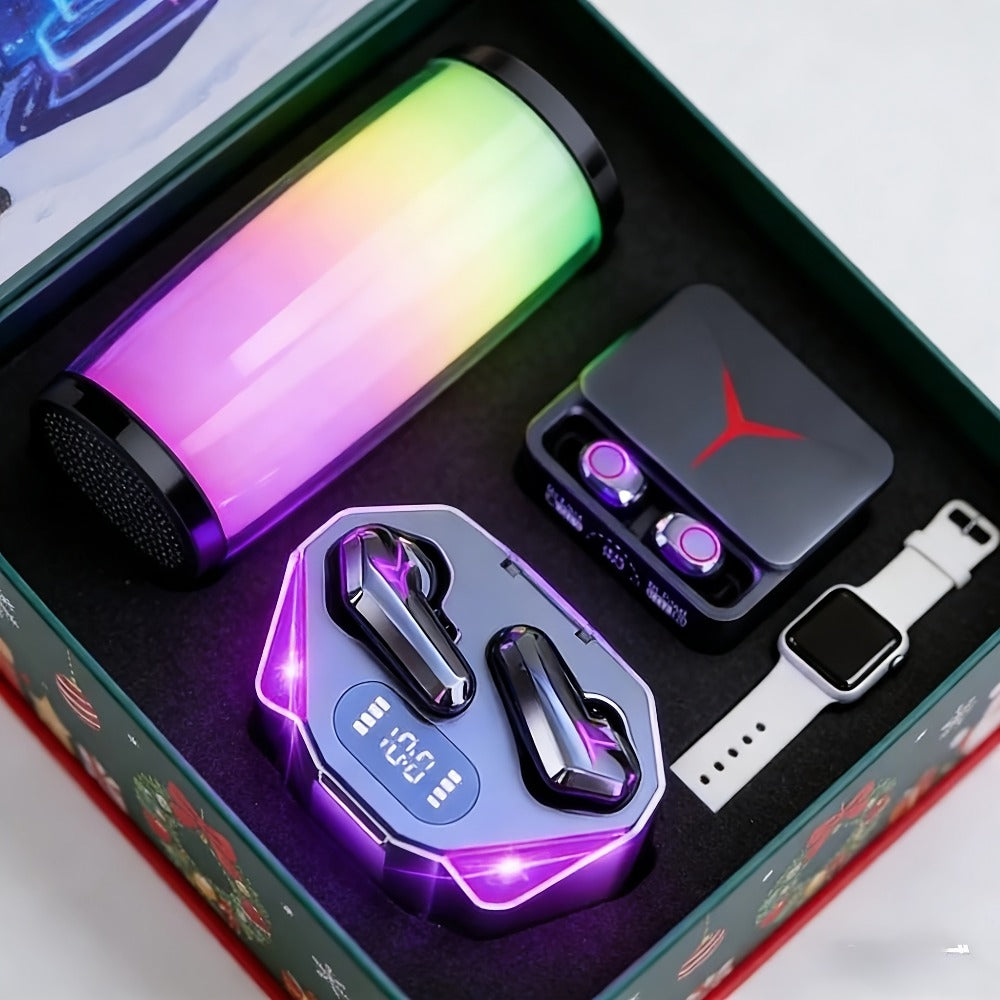Gaming Headset Bundle Set Glowing LED Headphones Bluetooth Speaker Wireless Earbuds Surround Sound Touch Control 3-4 Piece Combo Gift Set with Free Watch for Teens Gamers