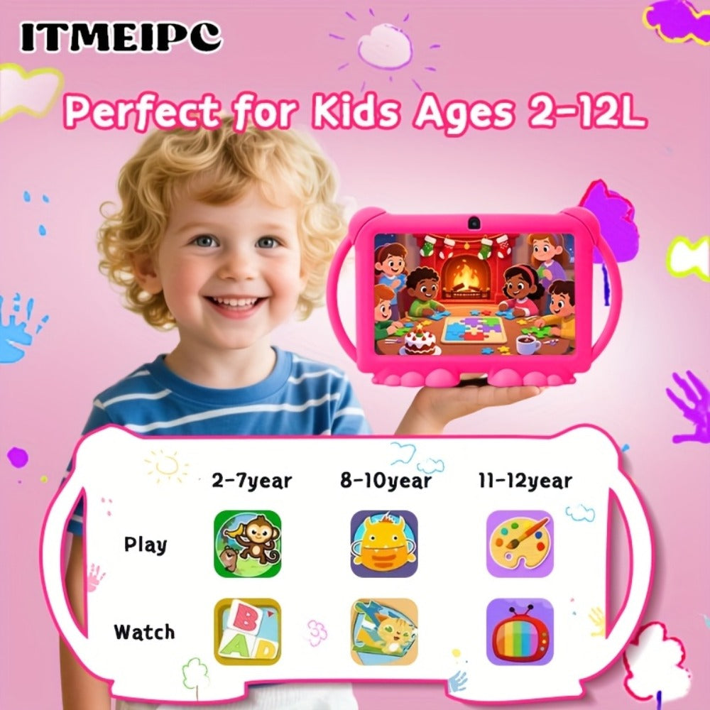 Android 14 Kids Tablet 7 Inch 2025 New Model 4GB RAM 32GB ROM WiFi 6 Dual Camera HD Screen Parental Control Pre-Installed Educational Apps Protective Case Type-C Student Learning Tablet – For Kids Toddlers
