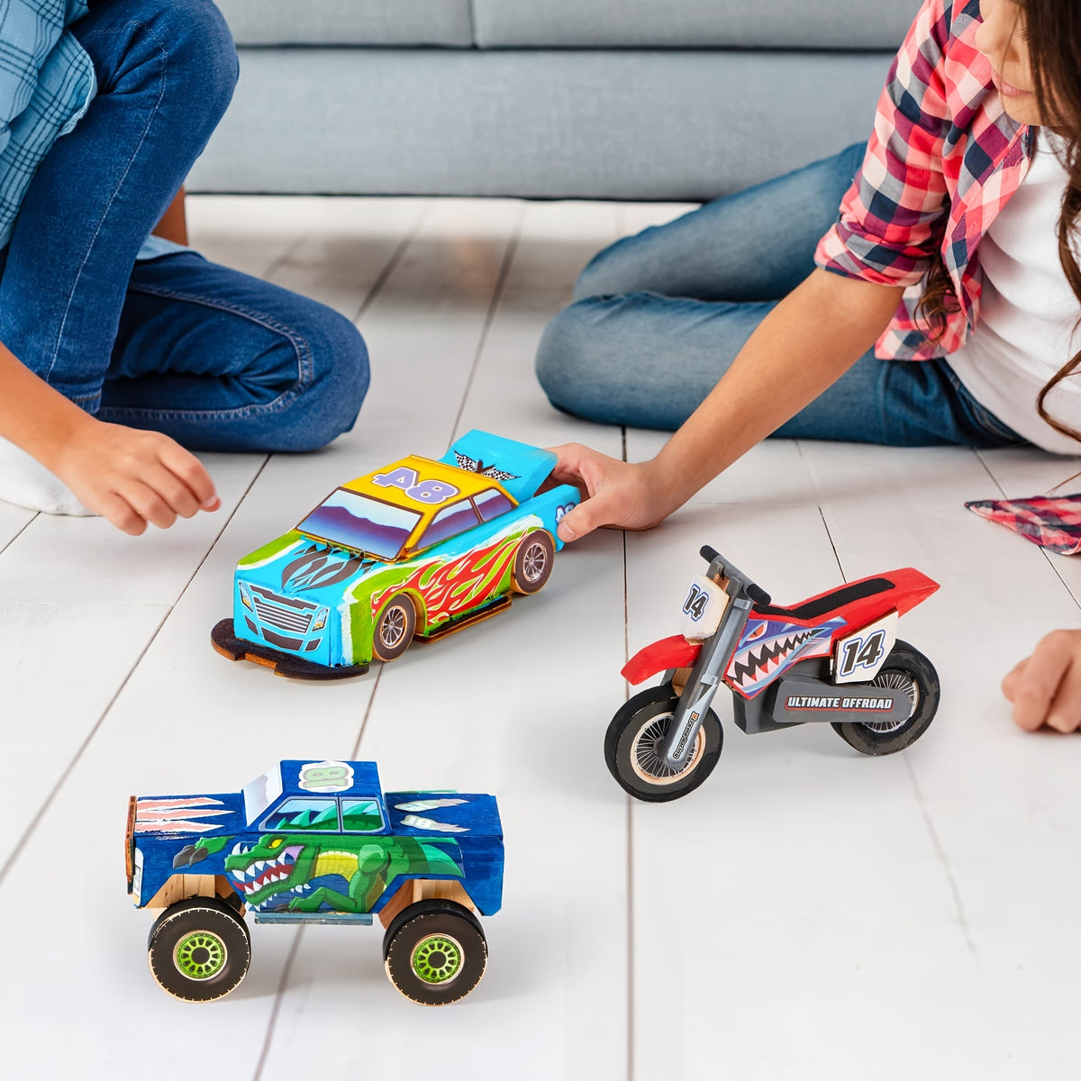 Build and Paint Wooden Vehicle Kit for Kids 144 Pieces – Race Car Motorcycle Monster Truck, 12 Colors 3 Brushes Racing Decals, STEM Craft Gift for Boys Ages 6 7 8 9 10