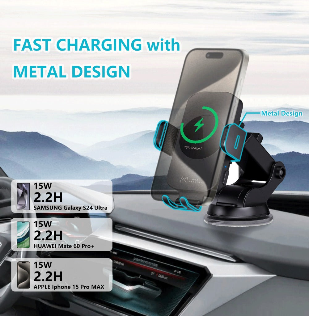Auto-Clamping Car Wireless Charger 15W Blue Gold Stylish Vent Clip Phone Mount 360° Rotation for iPhone 16 15 14 13 12 11 Pro Max, Samsung Galaxy S24 S23 S22 S21, All Qi Devices – Blue & Gold