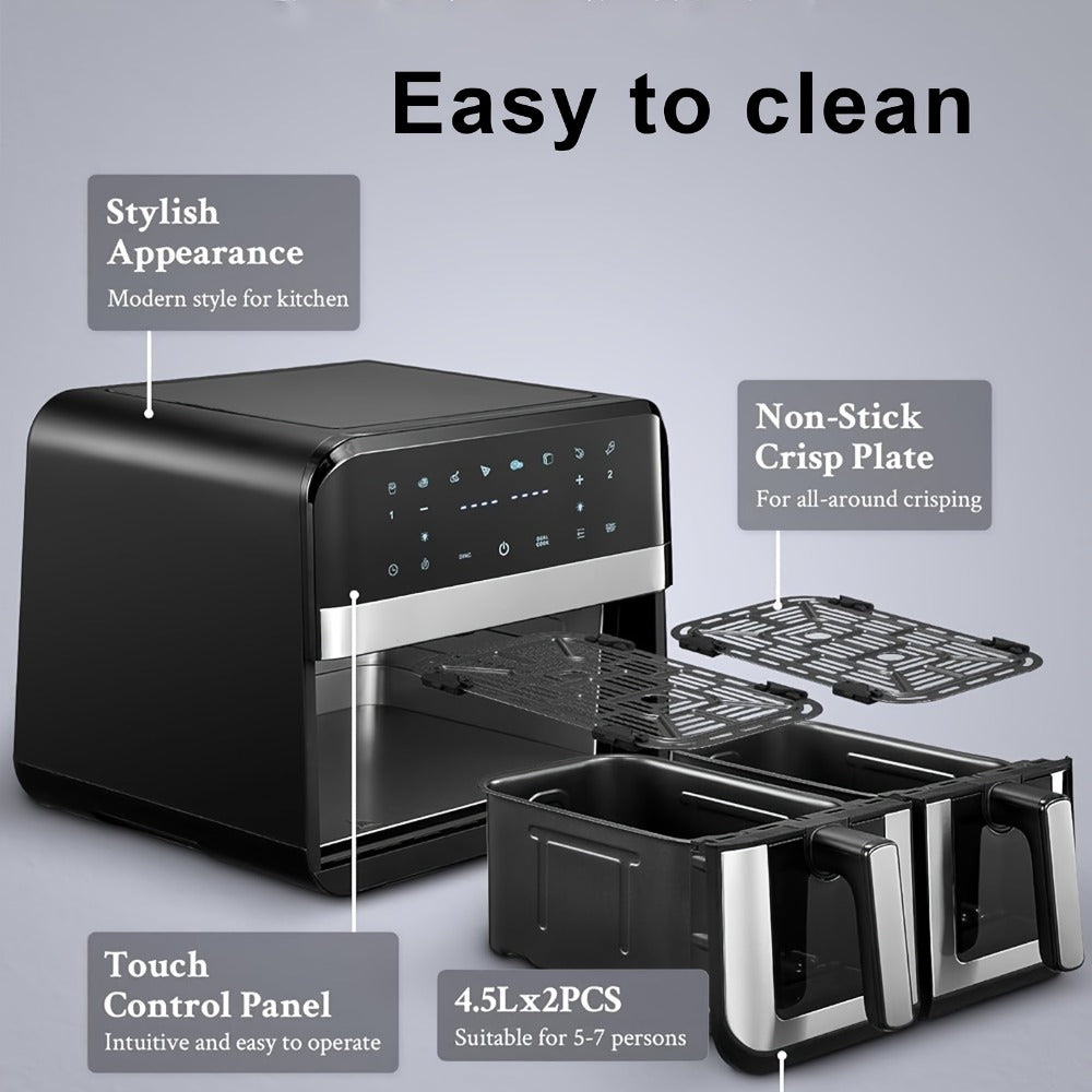 Dual Basket Air Fryer 9.5Qt – 2x4.75Qt Independent Zones, Smart Finish Match Cook, 2400W, 8 Presets, Air Fry Roast Bake Grill, Energy Saving Family-Size Double Basket Air Fryer