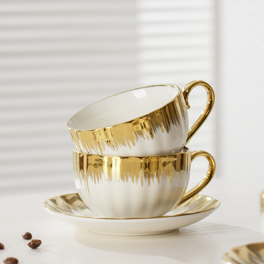 European Ceramic Coffee Cup and Saucer Set of 6 – Light Luxury 8.45oz Porcelain Tea Cups with Plates | Elegant Floral Dinnerware for Wedding Mother's Day Holiday Gift