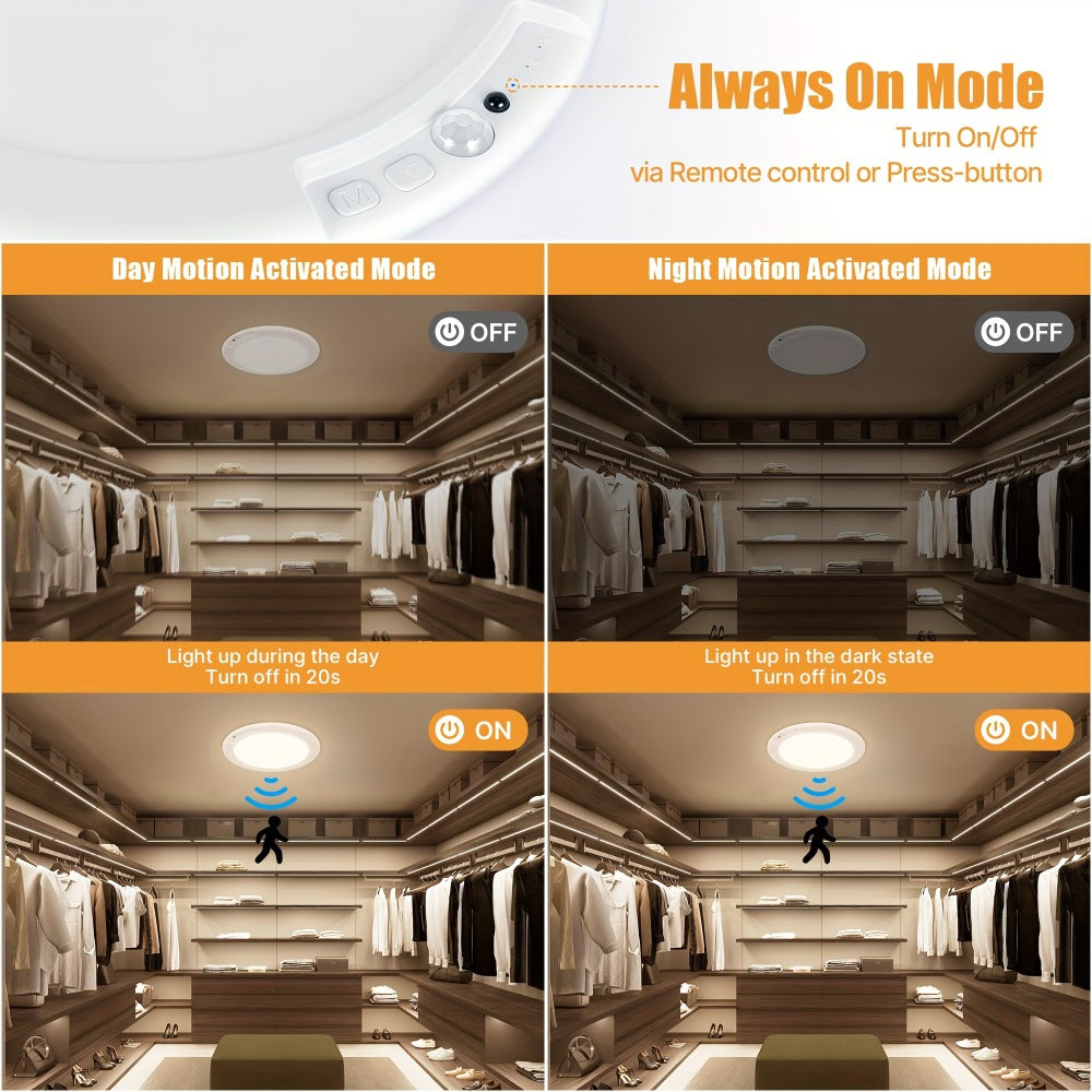 Rechargeable Ceiling Light No Wiring – Battery Operated LED Ceiling Light with Remote Control, Motion Sensor, Dimmable & Timer, Wireless Overhead Light for Bathroom Pantry Hallway Closet Porch Garage