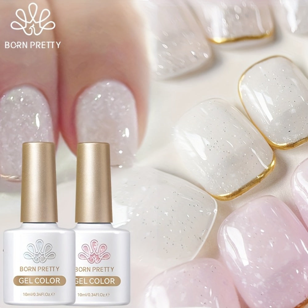 Snow Jelly Shimmer Gel Nail Polish 2pcs BORN PRETTY Semi-Permanent Soak-Off LED UV Gel Varnish Nude Pink White Glitter Long-Lasting Chip-Resistant Salon-Quality Manicure 0.34oz Each