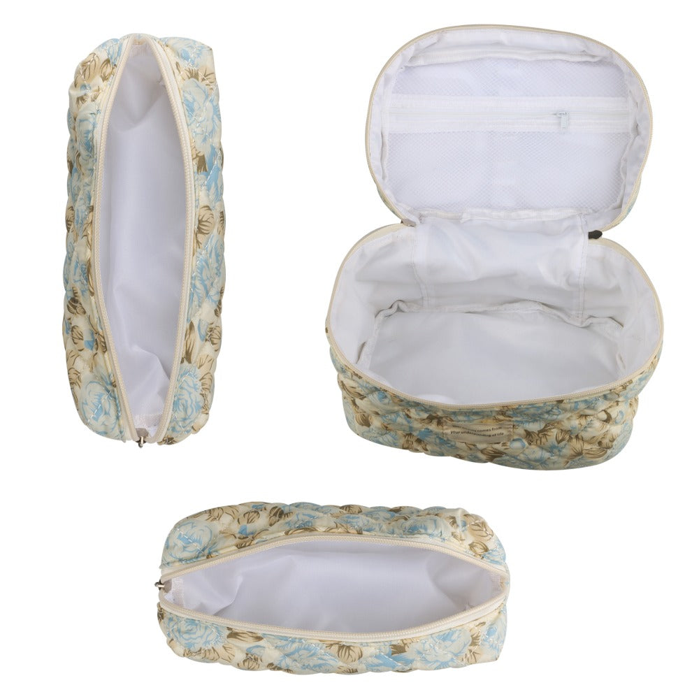 Quilted Floral Makeup Bag Set 3PCS Large Capacity Dual Layer Cotton Cosmetic Bags Coquette Aesthetic Travel Toiletry Organizer Gift for Women Girls Blue Rose Pink