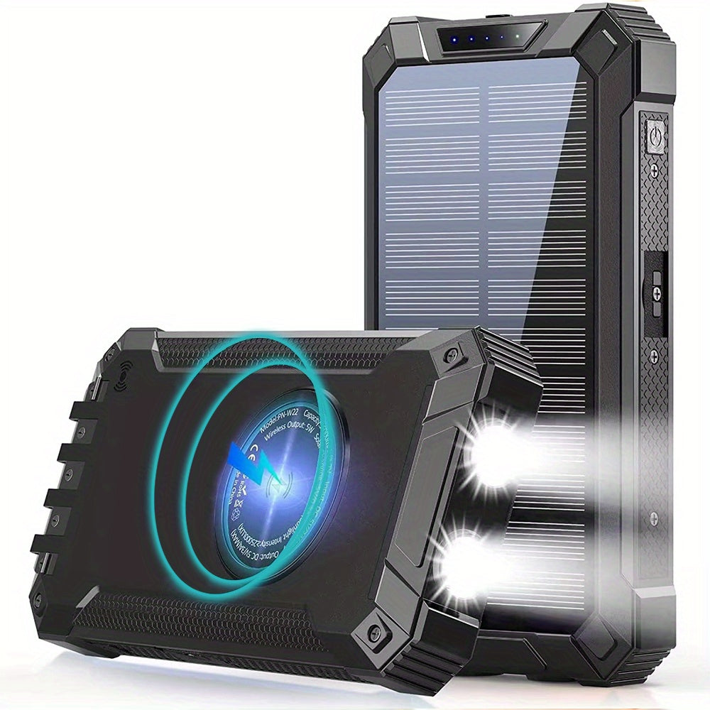 Solar Power Bank 40000mAh with Built-in 4 Cables & 15W Wireless Charging – 6 Outputs 3 Inputs Dual LED Flashlight Portable Charger for iPhone Android Tablets Camping Travel Emergency