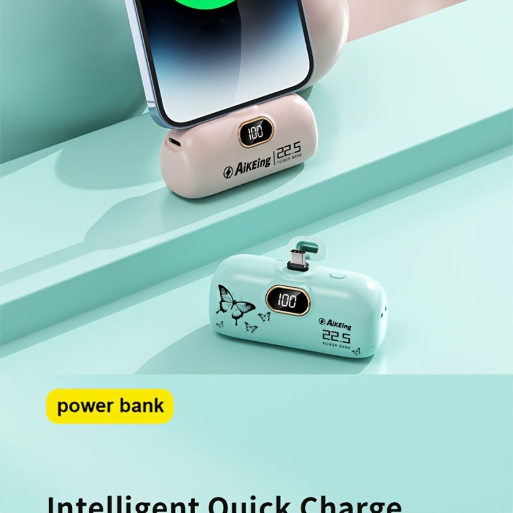 Mini Power Bank 5000mAh with Built-in USB-C Connector Fast Charging – Ultra-Compact Pocket Portable Charger for iPhone Android Samsung | Emergency Travel Charger | Green Pink