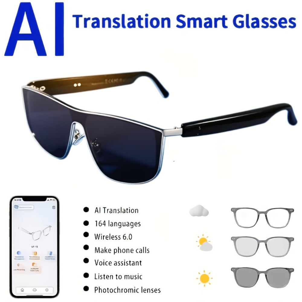 Translation Smart Glasses with 160-Language Real-Time Translation, Hi-Fi Music & HD Voice Calls – Photochromic, Metal Frame & Double-Sided Options, Built-in Mic & Speaker, Unisex
