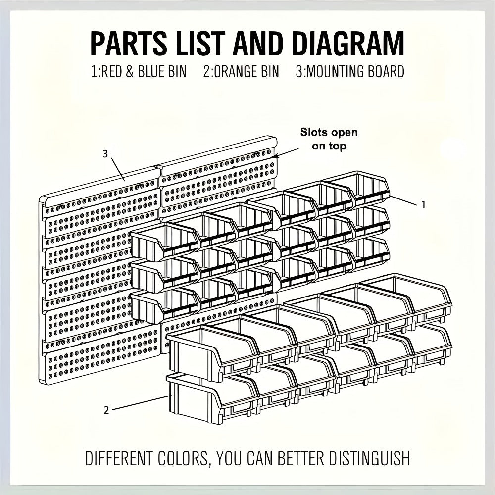 Plastic Parts Storage Bins Wall Mount 30pcs – Heavy Duty Small Hardware Organizer for Screws, Nuts, Bolts & Nails | Multi-Tier Wall Shelf System for Garage, Workshop & Craft Room | Space-Saving Bin Rack