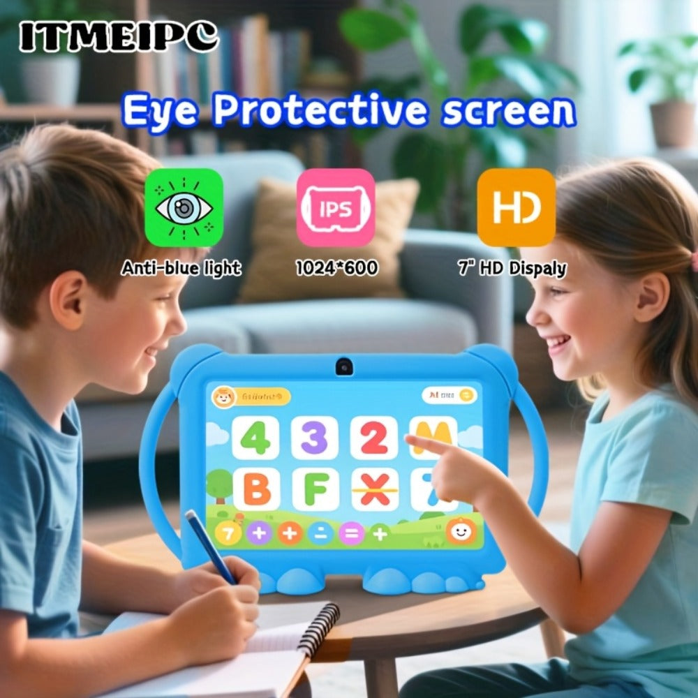 Kids Tablet 7 Inch Android 14 WiFi 6 4GB RAM 32GB ROM Dual Camera Parental Control Pre-installed Learning Apps HD Screen Protective Case Type-C Charging for Children Learning Entertainment