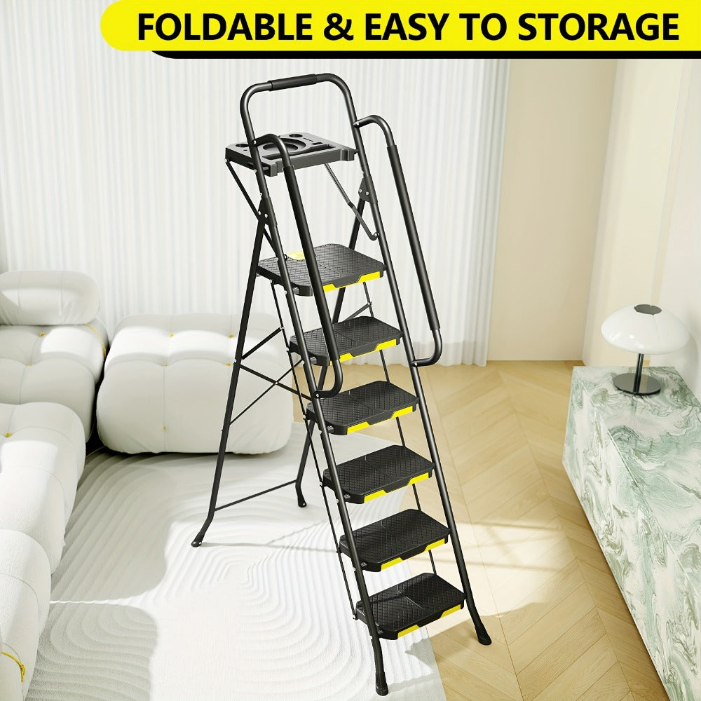 6 Step Ladder with Handrails & Tool Platform 800 LBS – Folding Step Stool Wide Pedal Steel Safety Ladder for Adults, Painting, Home, Garage & Outdoor Use – Auto Safety Lock, Compact Storage