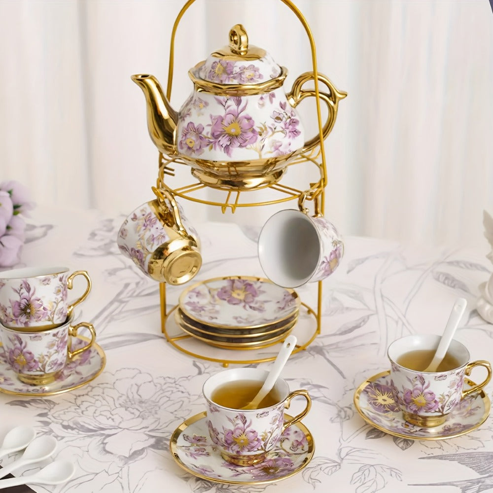 Floral Ceramic Tea Set 20 Pcs – European Porcelain Tea Cups & Saucers with Metal Holder & 15 Oz Teapot – Luxury Arabic Coffee Cup Set for Espresso, Cappuccino & Afternoon Tea – Elegant Gift