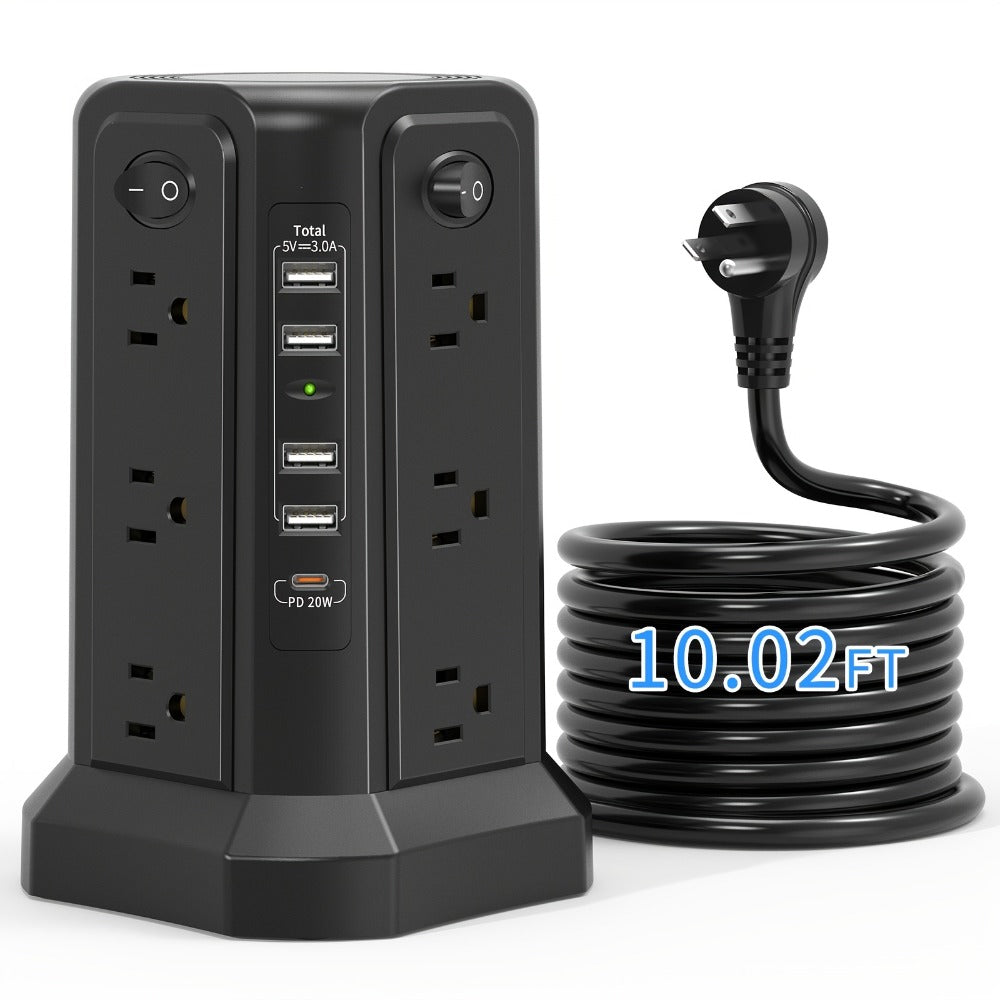 Power Strip Tower Angled Flat Plug 17-in-1 with 12 AC Outlets 4 USB-A 1 USB-C PD 18W 4 Independent Switches 1500J Surge Protector Desktop Extension Cord for Home Office Dorm Room – Black & White