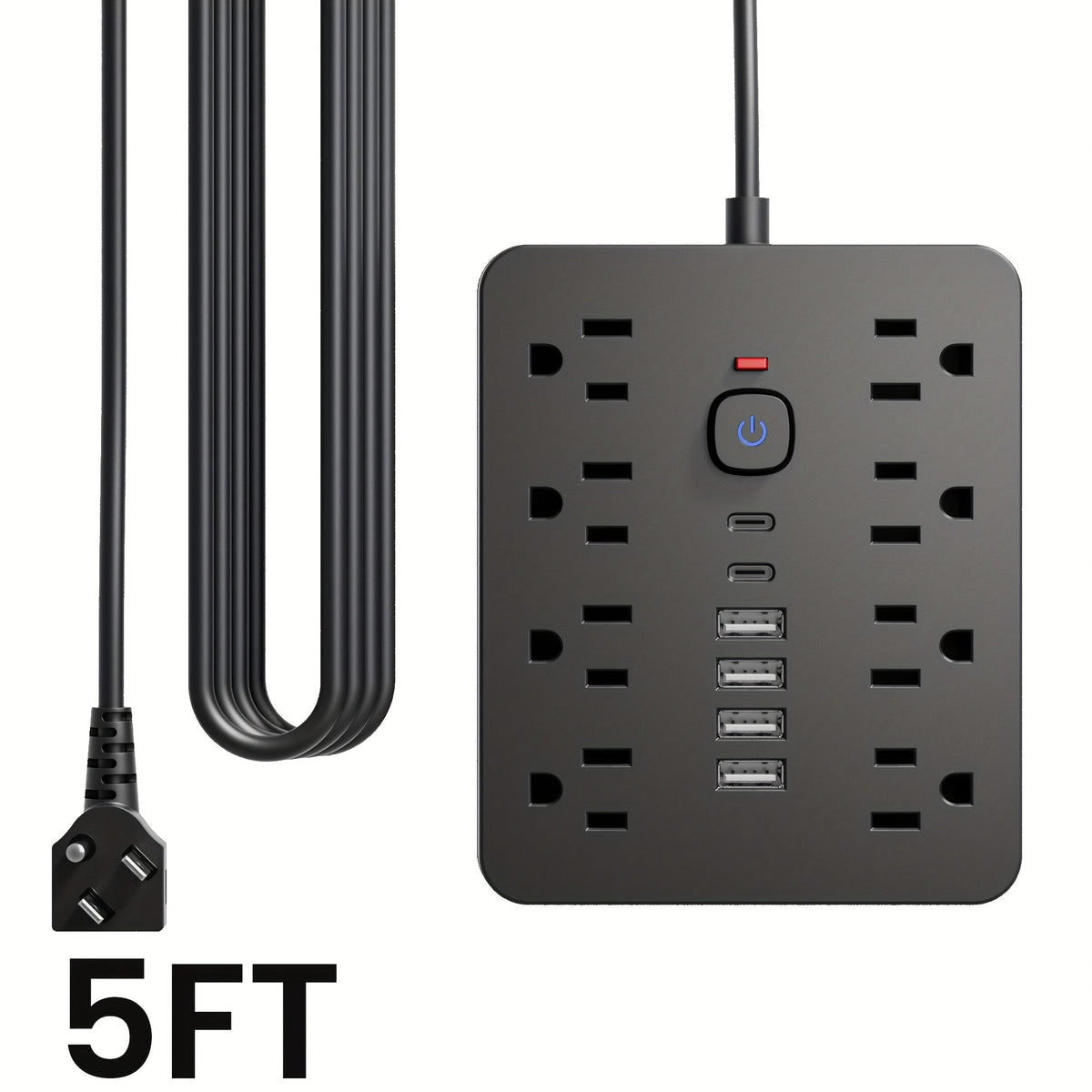 Flat Plug Wall Mount Power Strip 14-in-1 Surge Protector - 8 AC Outlets, 4 USB-A & 2 USB-C Ports, 5ft/10ft Extension Cord, Overload Protection, Desktop Charging for Home Office