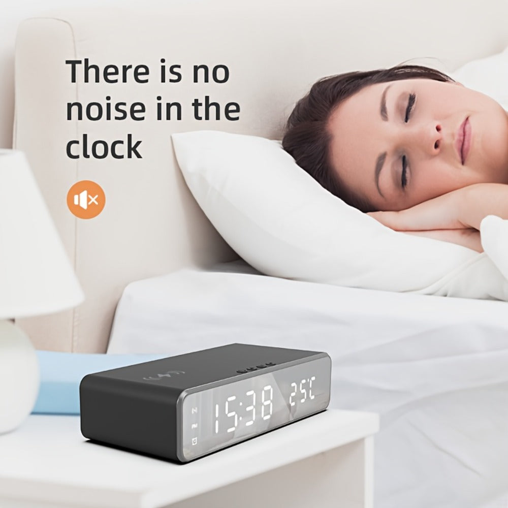 Alarm Clock Wireless Charger with Thermometer 3-in-1 LED Fast Charging Pad for iPhone & Android – 3 Alarms, 12/24H Display, Celsius/Fahrenheit, Power Saving Mode | Bedside Nightstand & Desk Gadget | Black & Silver
