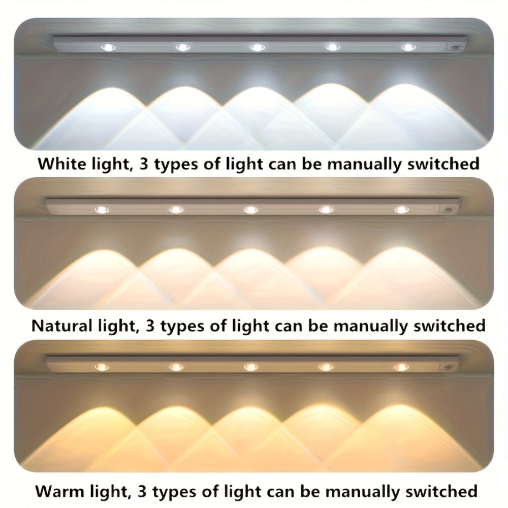 LED Sensor Strip Light USB Rechargeable – 3-Color Dimmable Motion Sensing Wireless Night Light for Kitchen, Wardrobe, Cabinet, Shoe Cabinet & Bedroom (20cm / 30cm / 40cm / 50cm)