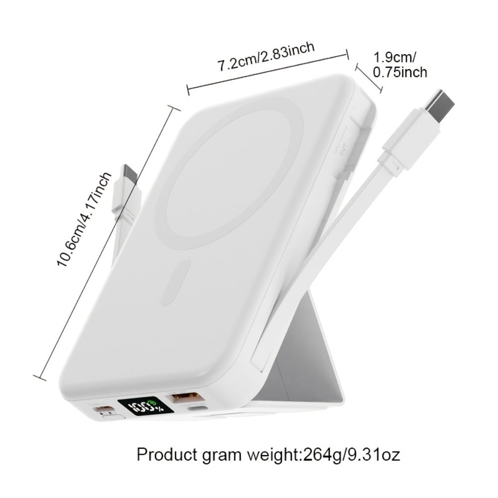 Magnetic Power Bank 10000mAh USB-C Fast Charging – Built-in Cable, Charges 5 Devices & Laptops Simultaneously, Foldable Stand, Portable External Battery for Travel Work Daily Use