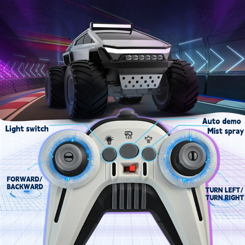 RC Monster Truck Toy, 4WD Off-Road Vehicle with LED Lights and Water Spray Effect