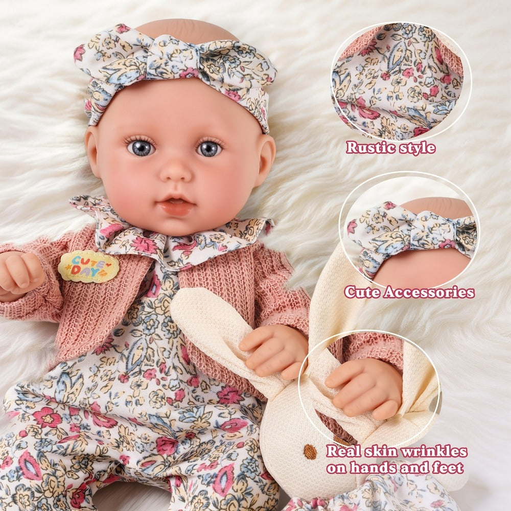 12-Inch Baby Doll with Floral Dress, Rabbit Plush Toy & Dress-Up Accessories