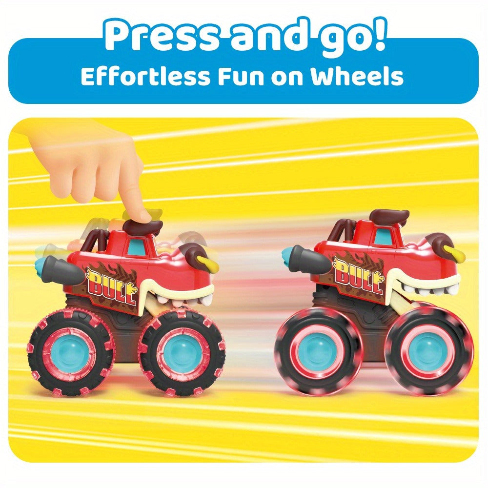 Monster Truck Toy 3-Pack with LED Lights, Press-and-Go Shark, Bull & Dinosaur