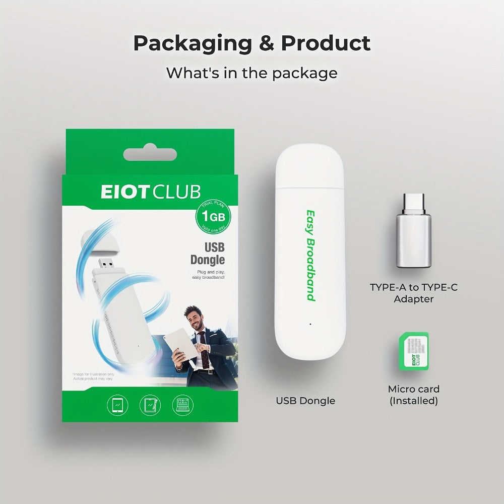 EIOTCLUB 4G LTE USB WiFi Dongle Portable Hotspot - Pre-Installed SIM & 1GB Trial Data, 150Mbps, Supports 10 Devices, No Contract, Plug and Play, US Network for Travel Remote Work Camping